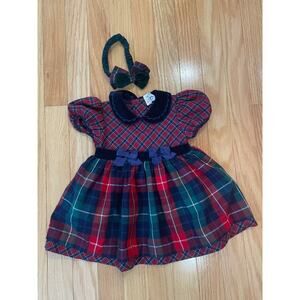 Vintage Plaid Christmas Dress, Gymboree, Size 12 months, bow, velvet w/ headband